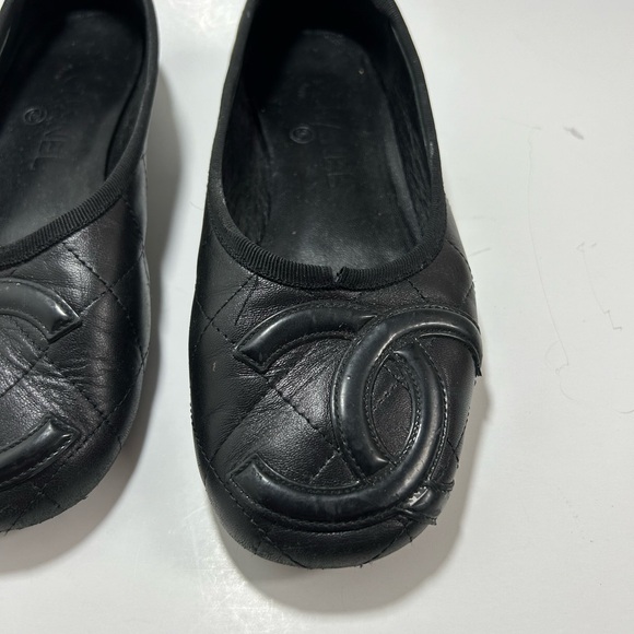 CHANEL Cambon Line Flat Shoes Leather Enamel Coco Mark CC Logo Size 7.5 Black - Picture 4 of 16